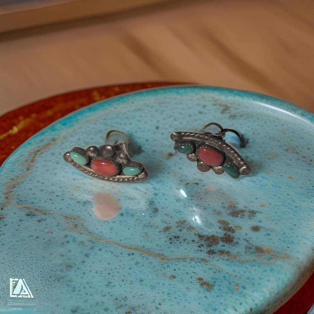1940s Handcrafted Vintage Native American Sterling, Turquoise, and Coral Earring
